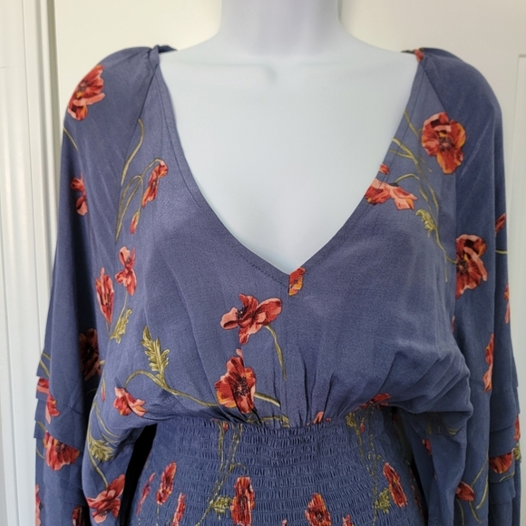 ASTR The Label Blue Floral Dress Ballon Dolman Sleeves Ruched Skirt Size S - Picture 3 of 13
